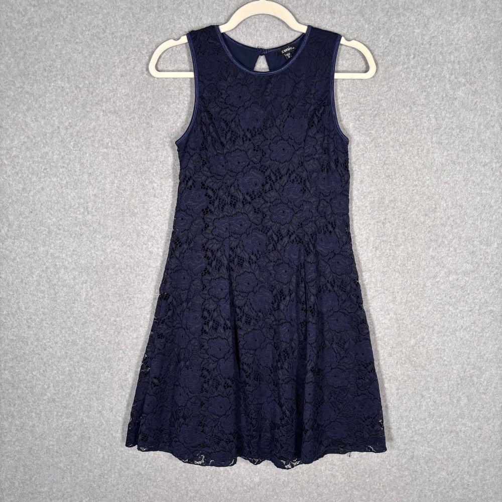 Zunie Girls Lace Skater Dress Size 16 Navy Blue Floral Stretch Preppy Nautical